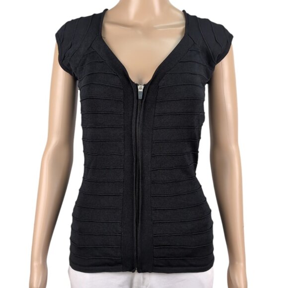 Seduction Black Cap Sleeve Sweetheart Neck Full Zip Blouse Women's Large - Picture 1 of 8